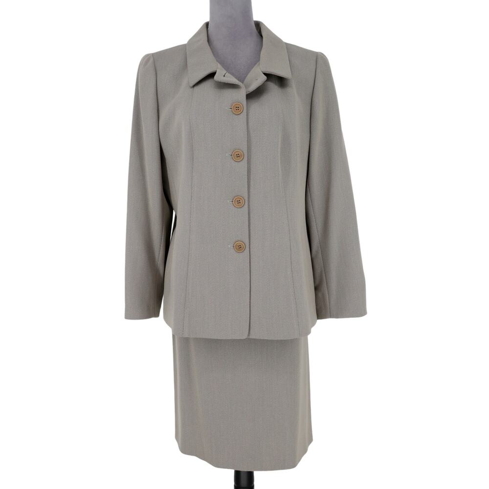 Giorgio Armani Skirt Suit Womens 14 Beige Green Wool Lined Flaw Le Collezioni